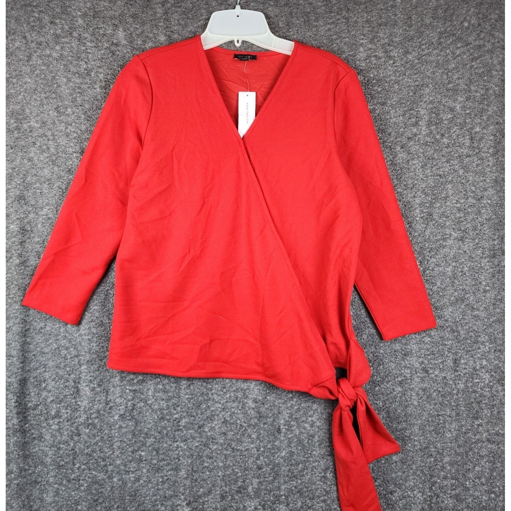 Ann Taylor Wrap Top Women S Red 3/4 Sleeve Side Tie V-Neck Career 482339